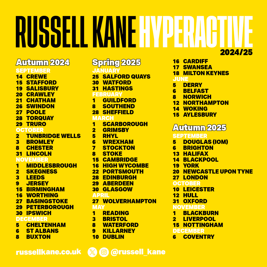 Comedian Russell Kane Extends Hyperactive UK and Ireland Tour Until